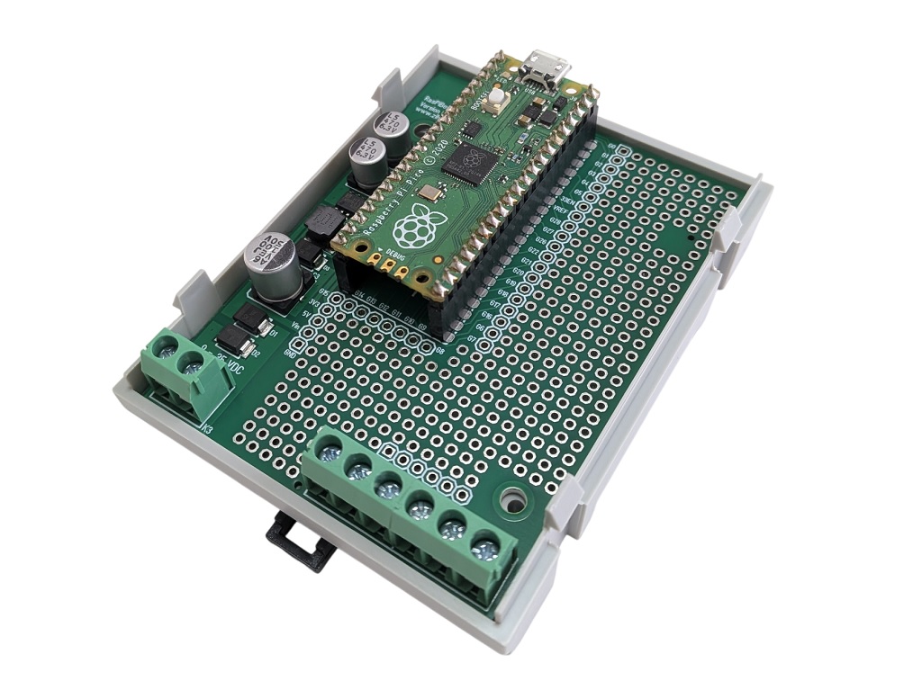 Opened enclosure with mounted Raspberry Pi Pico