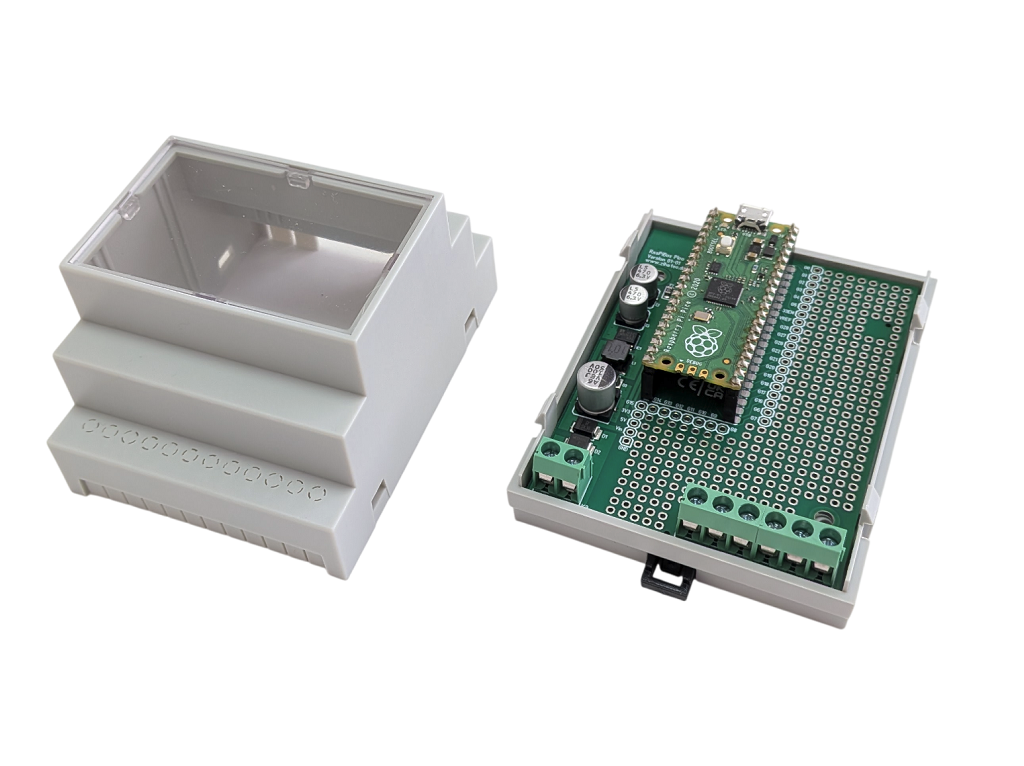 Opened enclosure with mounted Raspberry Pi Pico