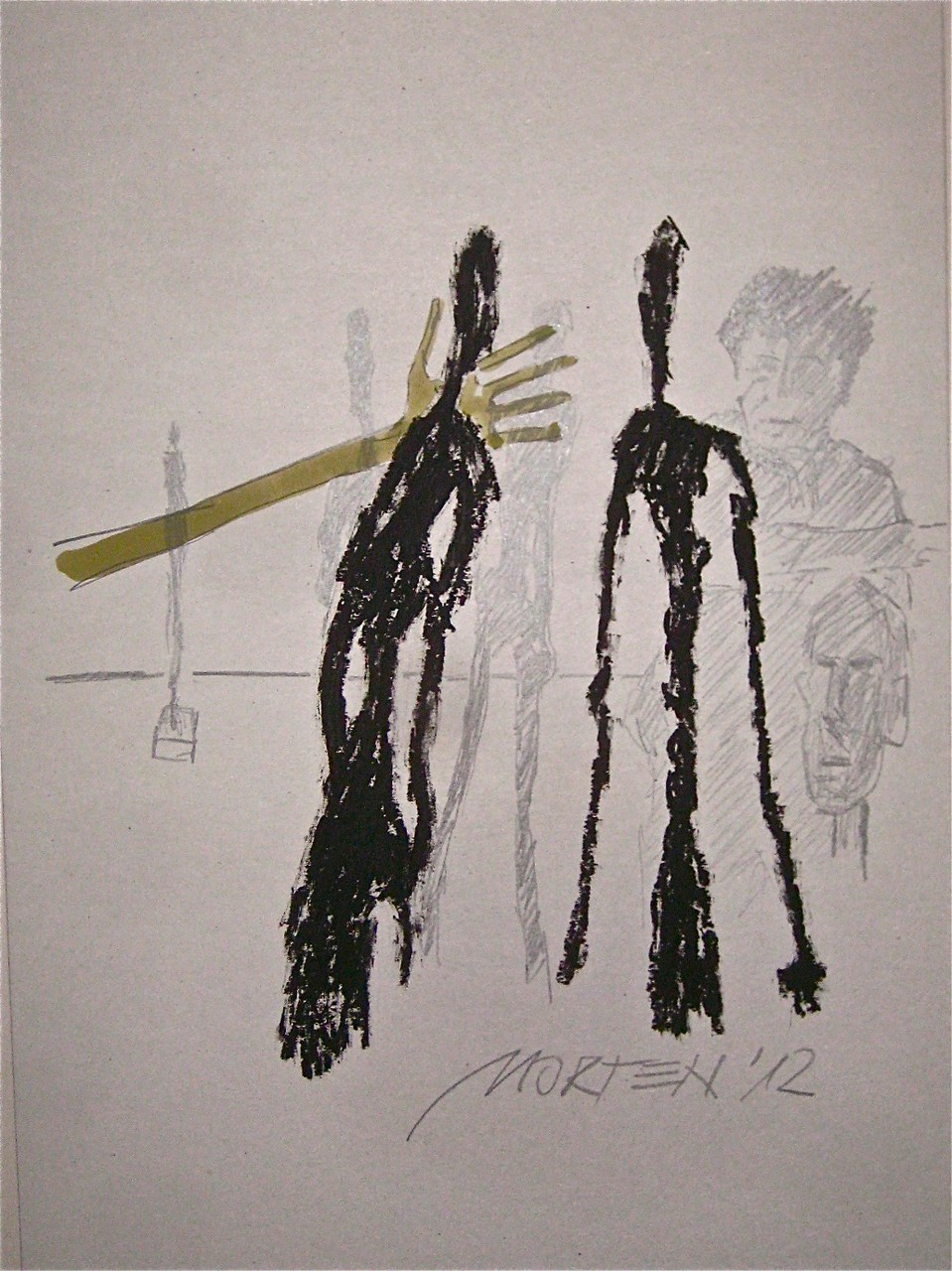 GIACOMETTI IM ATELIER, 2012, Johannes Morten, Acryl, Graphit und Ölkreide auf Pappe (Verkauft)