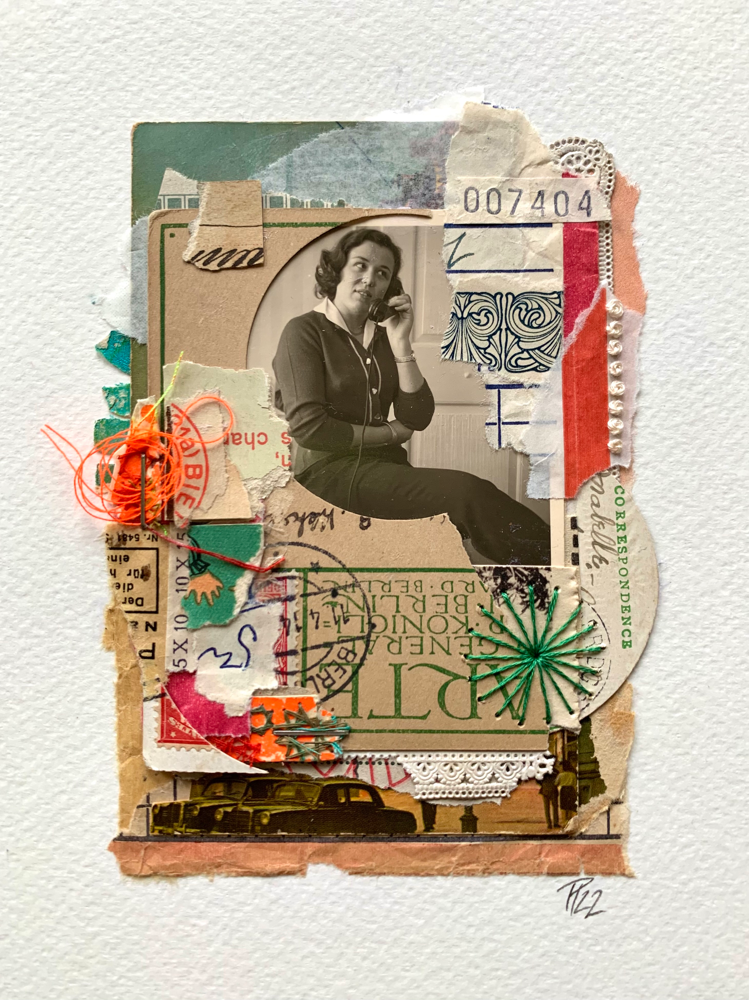 „telephone girl [22]“, handbestickte Collage auf Aquarellpapier, 18cm x 24cm (no.44/2022)