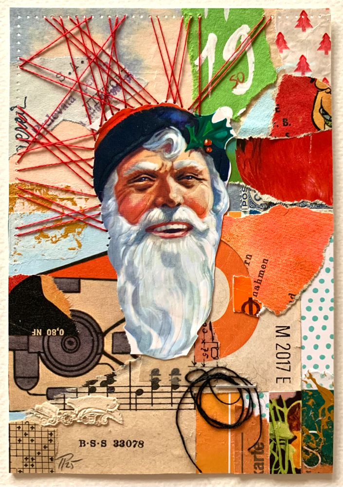 „HOHOHO“, handbestickte Collage, 10cm x 14cm (no.46/2025)