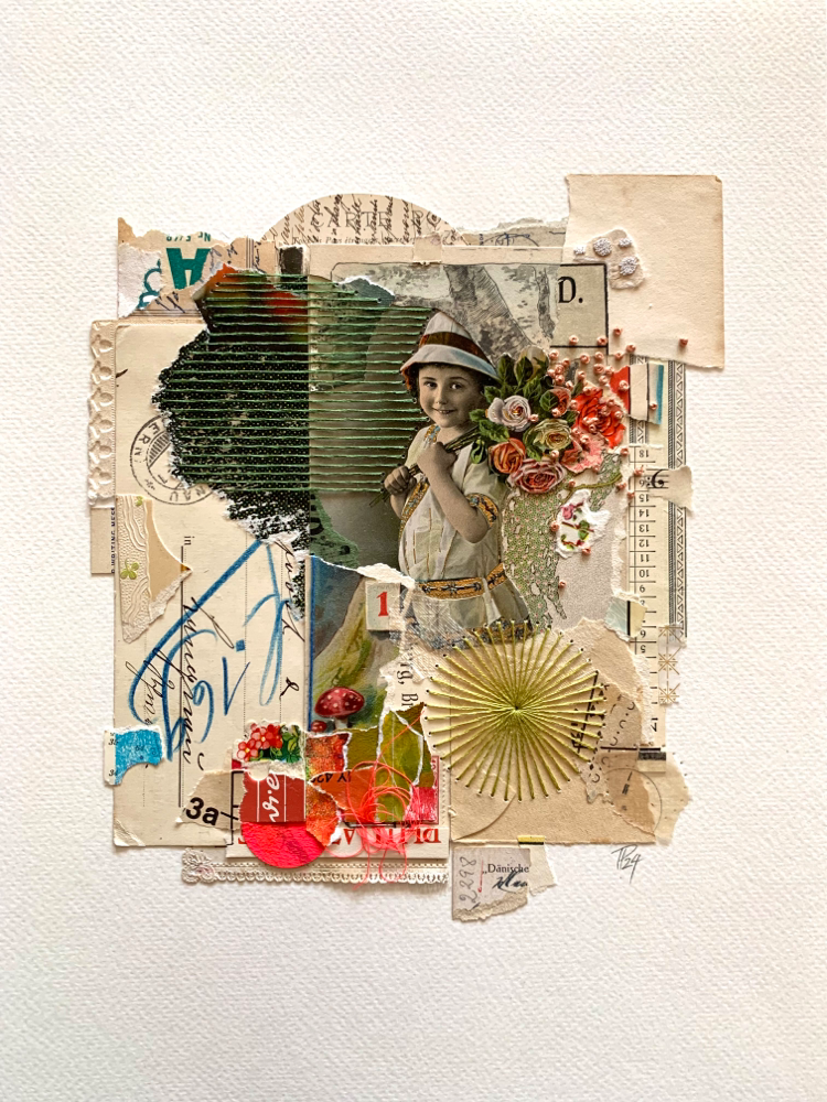 „flowers.169“, [verkauft], handbestickte Collage auf Aquarellpapier, 24cm x 32cm (no.39/2024)