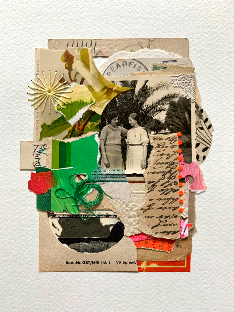 „under palm trees“, Mixedmediacollage auf Aquarellpapier, 18cm x 24cm (no.37/2022)