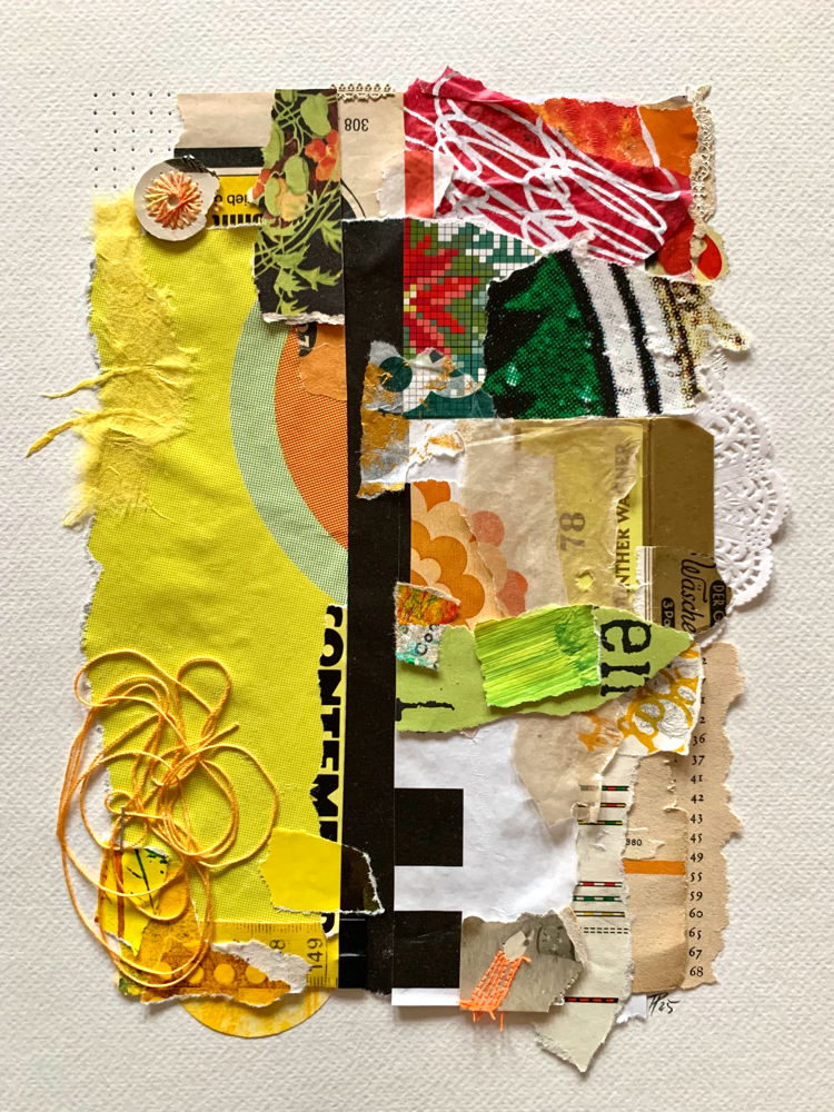 „yellow key“, handbestickte Collage auf Aquarellpapier, 24cm x 30cm (no.48/2025) 