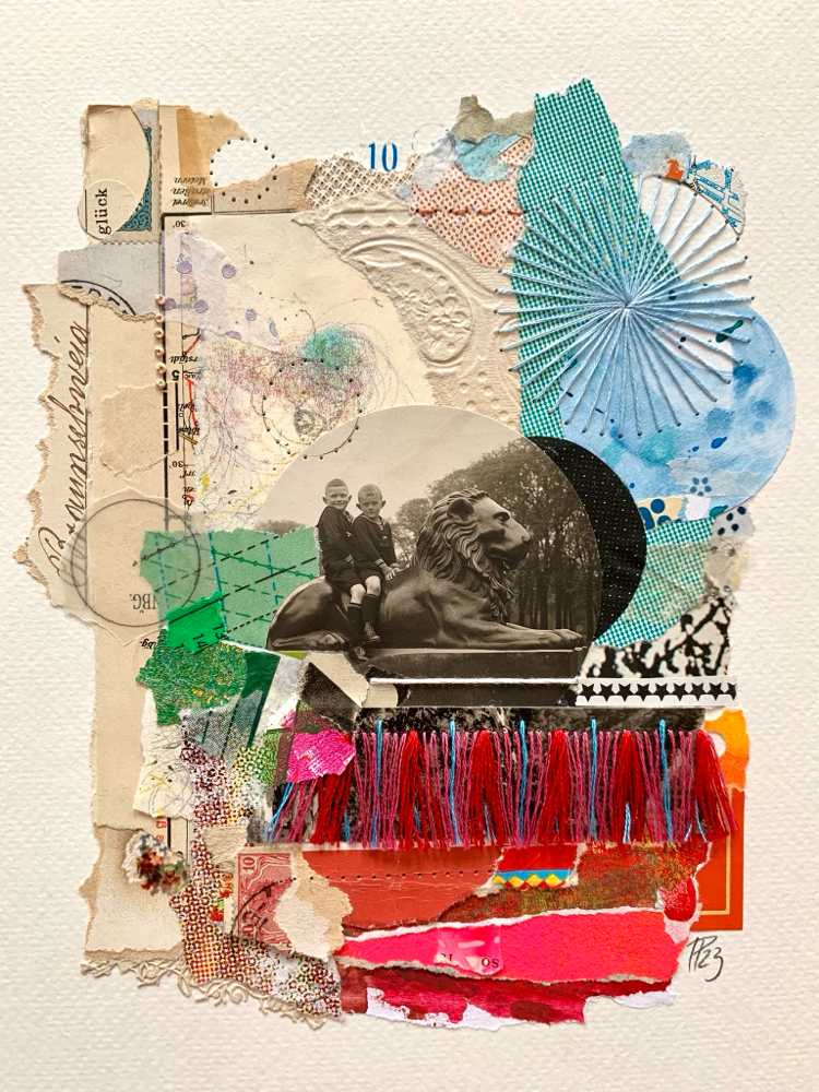 „Braunschweig-glück“, [verkauft], handbestickte Collage auf Aquarellpapier, DIN A4 (no.49/2023)