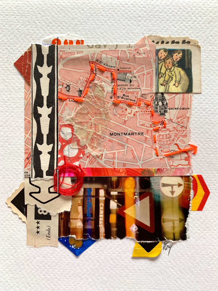 „wrong-way“, Februllage2024/Tag 9, [sold], handbestickte Collage auf Aquarellpapier (no.11/2024)