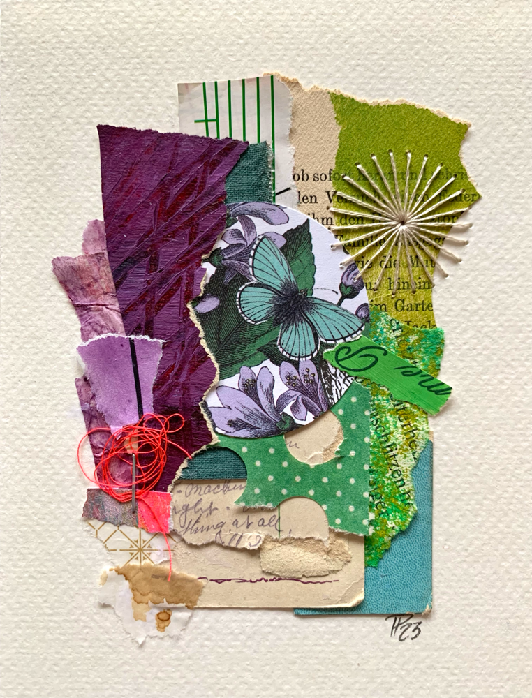 „FLY [2]“, [verkauft], handbestickte Collage auf Aquarellpapier, 12cm x 16cm (no.35/2023)