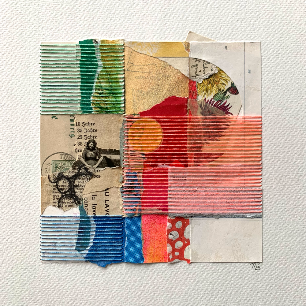 „bright day“, [verkauft], handbestickte Collage auf Aquarellpapier, 30cm x 30cm (no.3/2025) 