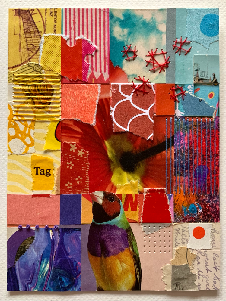 „Gouldamadine-Tag“, handbestickte Collage, 12cm x 16cm (no.45/2025)
