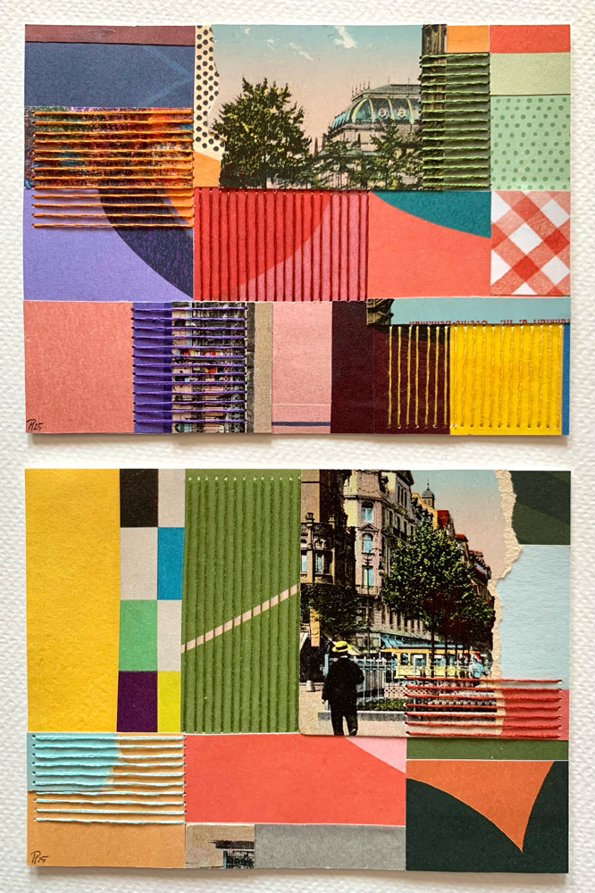 „Goethe-Denkmal [1]/[2]“, handbestickte Collagen, 11cm x 14,5cm (no.36+37/2025)