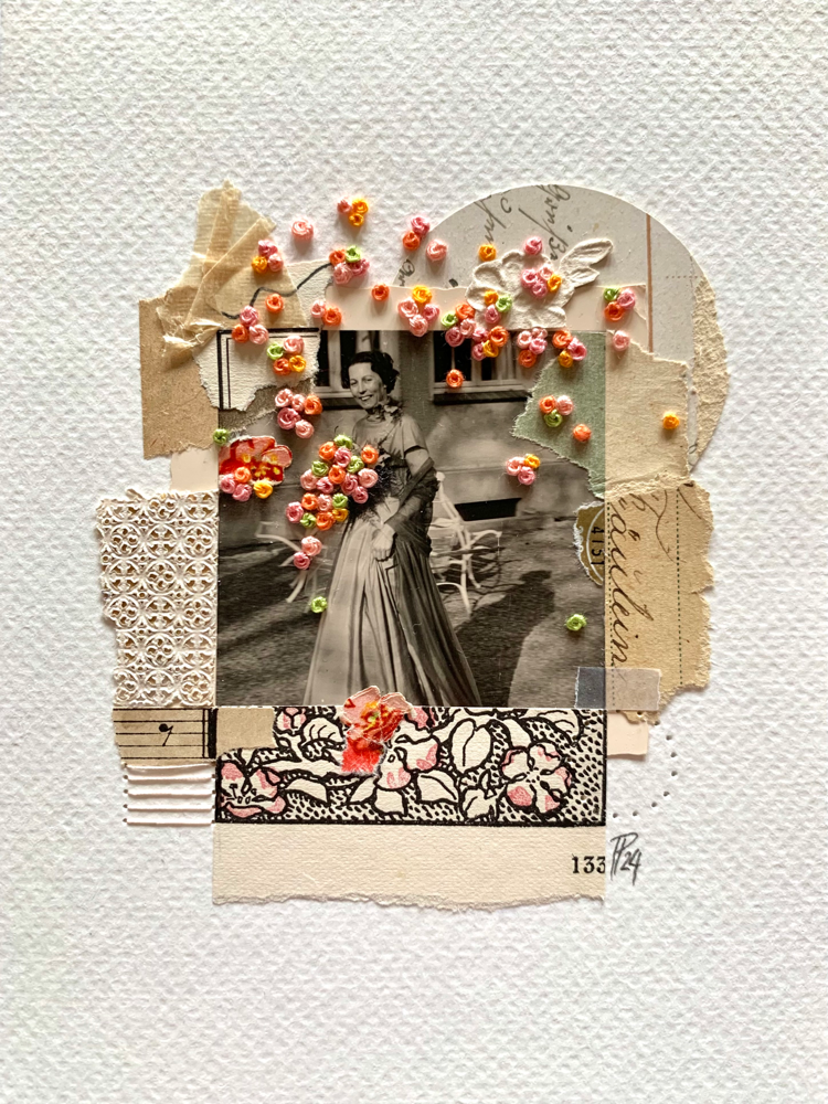 „remember“/Februllage2024, handbestickte Collage auf Aquarellpapier (no.14/2024)