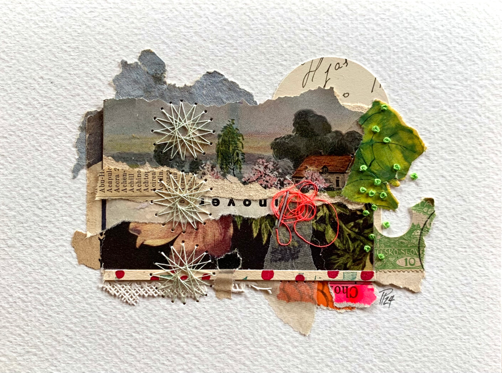 „Hjas [13.03.2024]“, handbestickte Collage auf Aquarellpapier (no.31/2024)