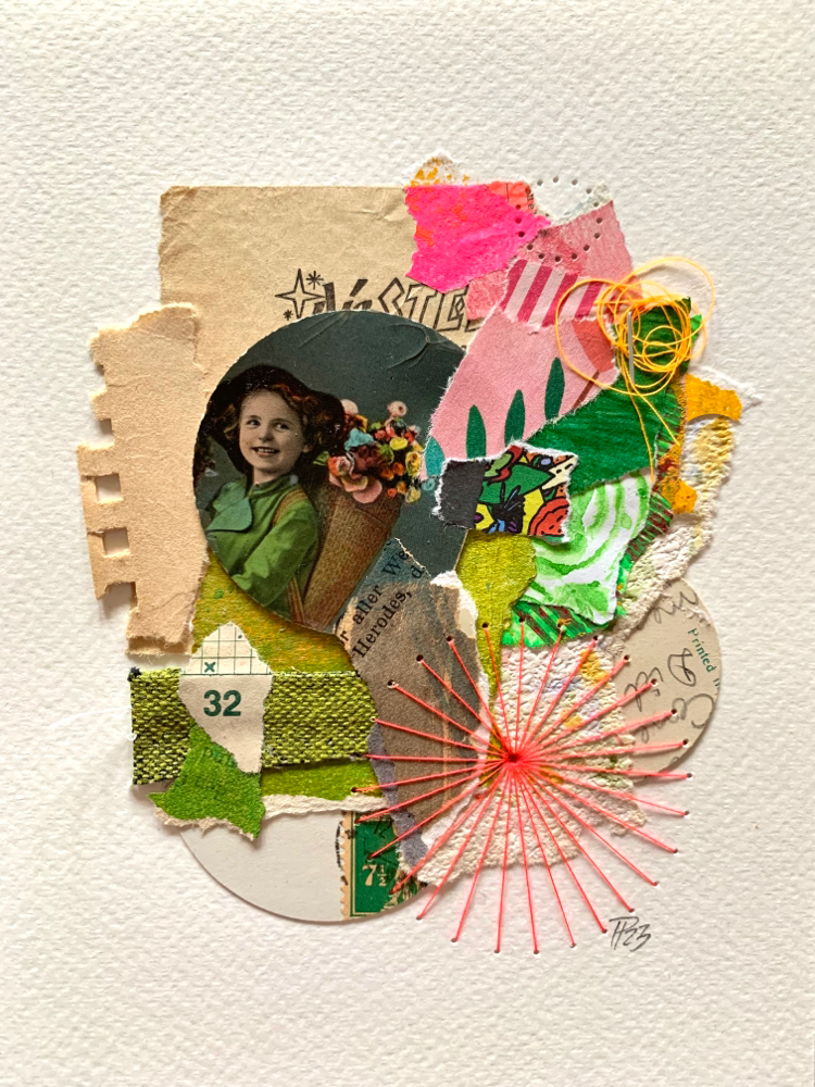 „flower boy“, handbestickte Collage auf Aquarellpapier, 13cm x 18cm (no.39/2023)