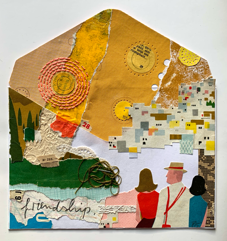 „friendship.“, handbestickte Collage auf einem aufgeklappten weißen Briefumschlag (für Instagram OPEN CALL „Paper Messages“)(no.43/2025