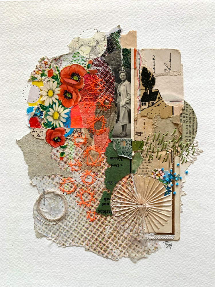 „hello spring“, handbestickte Collage auf Aquarellpapier, 18cm x 24cm (no.36/2024) 