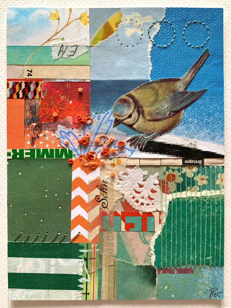 „Meise.74“, handbestickte Collage, 11cm x 15cm (no.44/2025)