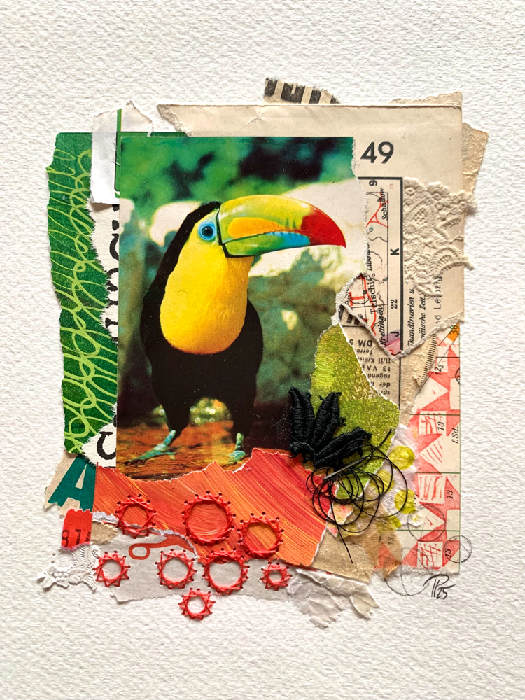 „toucan.49", handbestickte Collage auf Aquarellpapier, 16cm x 21 cm (no.2/2025)
