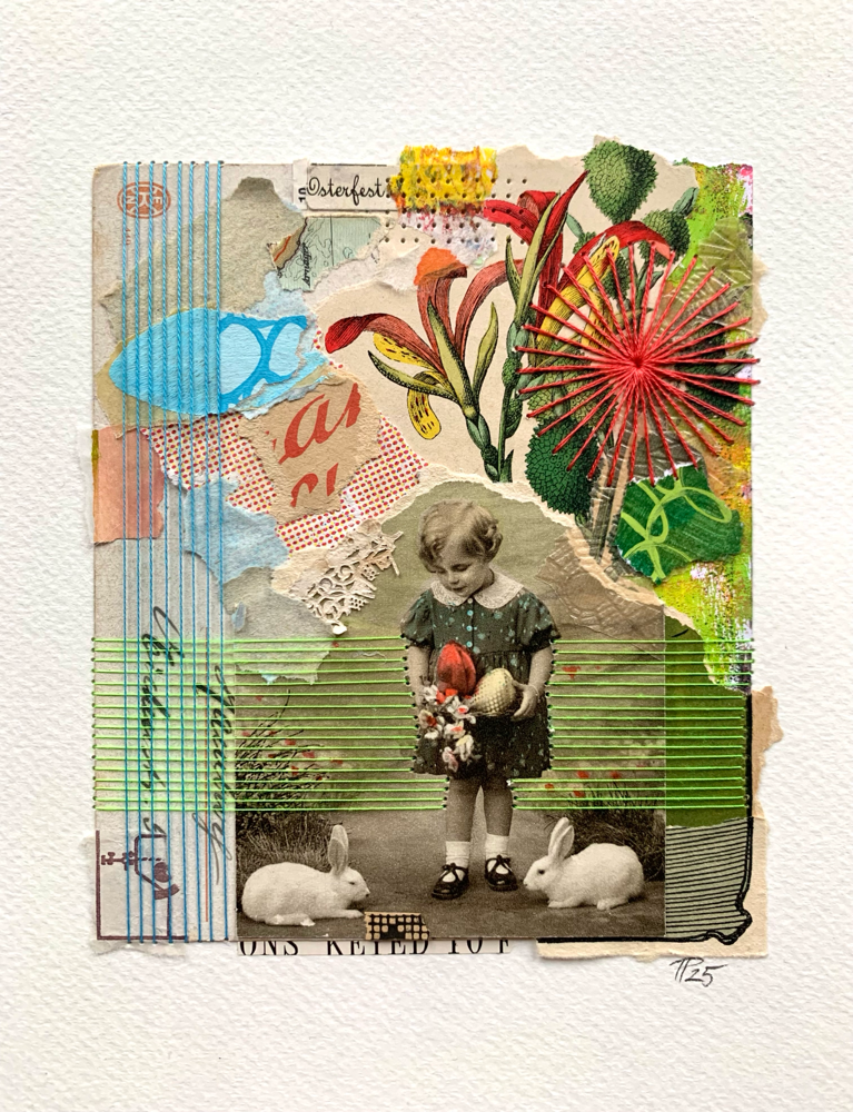 „HAPPY EASTER 2025", handbestickte Collage auf Aquarellpapier, 18cm x 24cm (no.33/2025) 