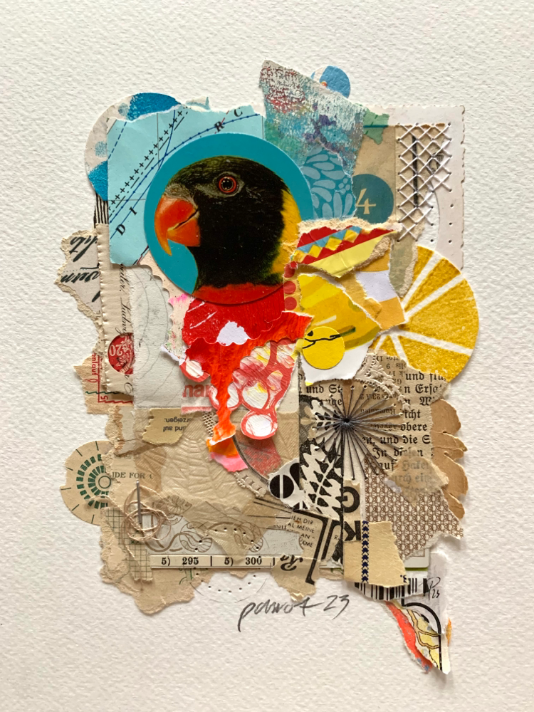 „parrot 23“, handbestickte Collage, auf Aquarellpapier, 18cm x 24cm (no.55/2023)