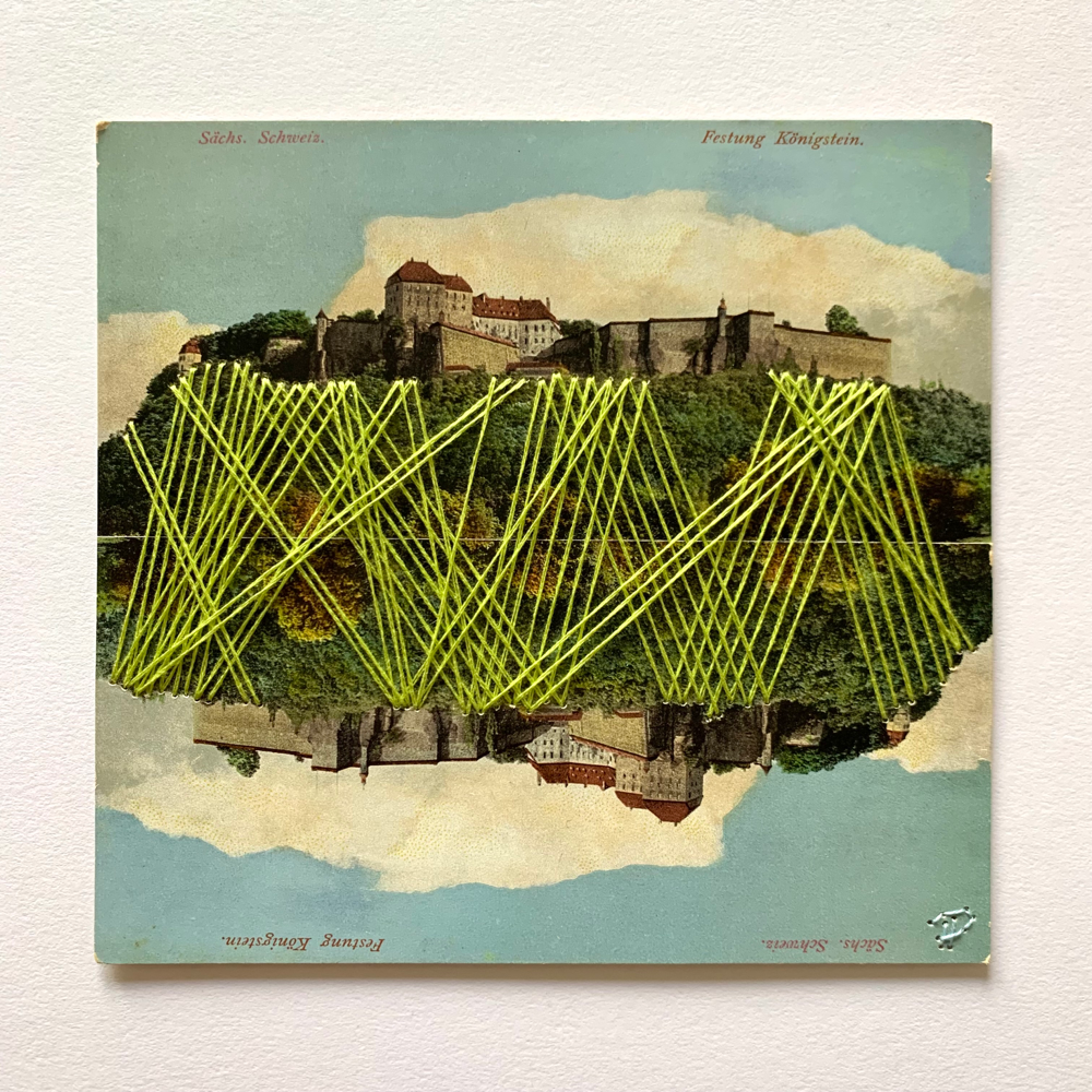 „CASTLE IN THE CLOUDS“, handbestickte Postkartencollage, 13,8cm x 13cm (no.13/2022)