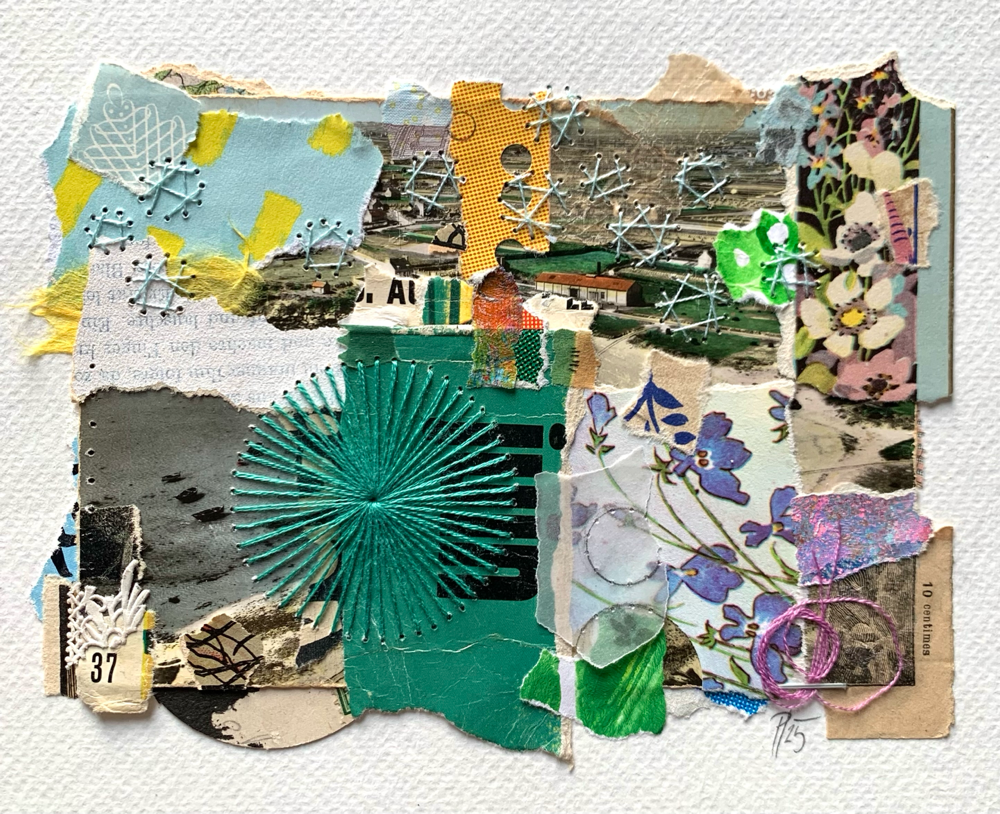 „french collage“ (Detail), handbestickte Collage, als Basis dient eine französische Vintagepostkarte (no.42/2025)