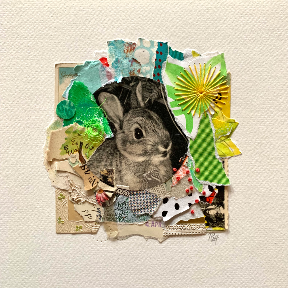 „little rabbit [1.4.24]“, handbestickte Collage auf Aquarellpapier, 20cm x 20cm (no.34/2024)