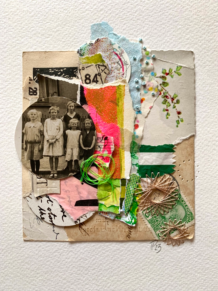 „SCHULE GLIESMARODE“, handbestickte Collage auf Aquarellpapier, 18cm x 24cm (no.45/2023)