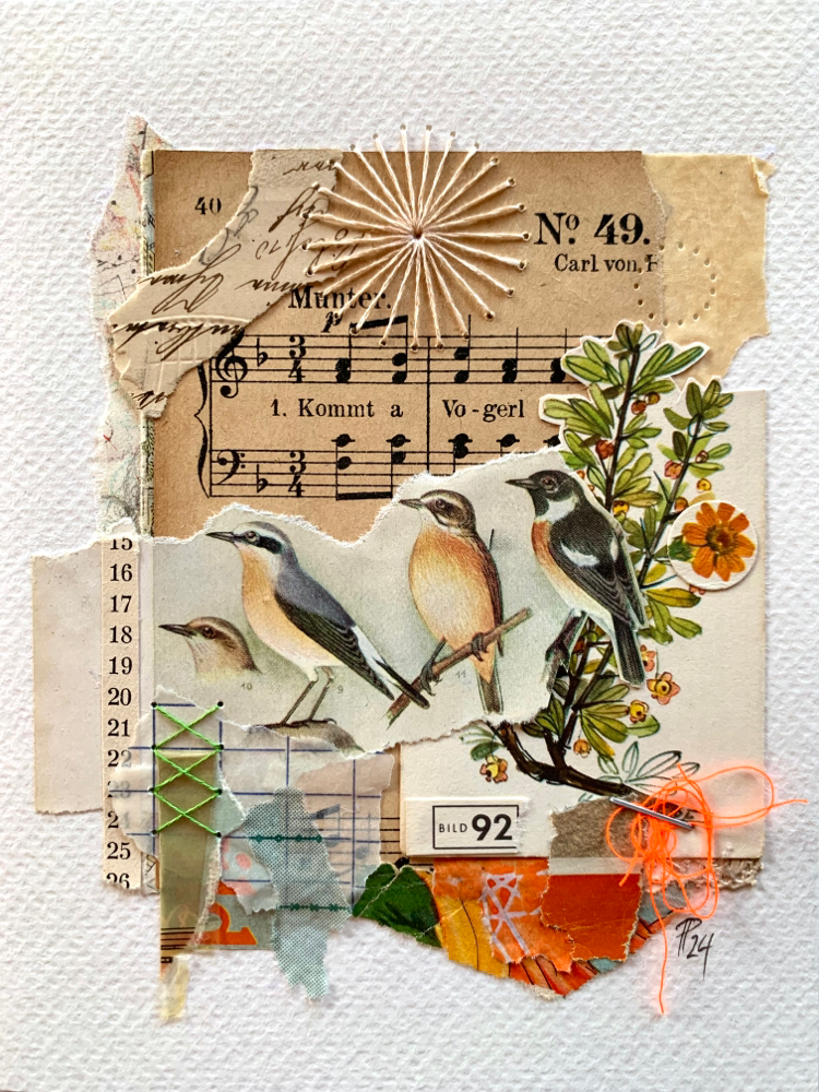 „song“/Februllage2024, handbestickte Collage auf Aquarellpapier (no.25/2024)