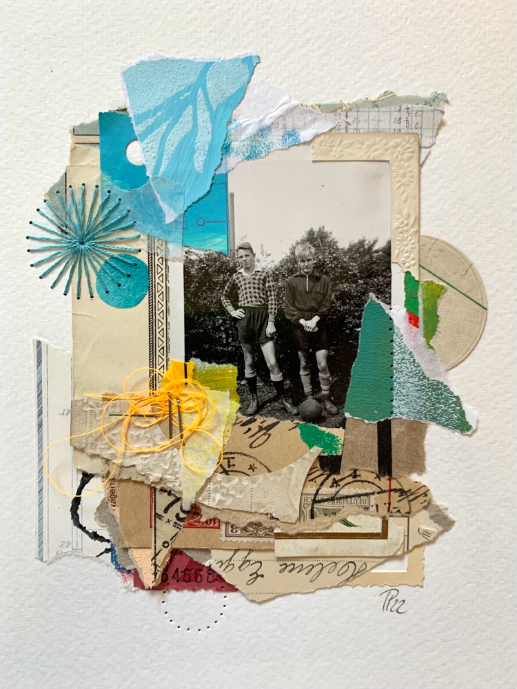 „fair game“, handbestickte Collage auf Aquarellpapier, 18cm x 24cm (no.35/2022)