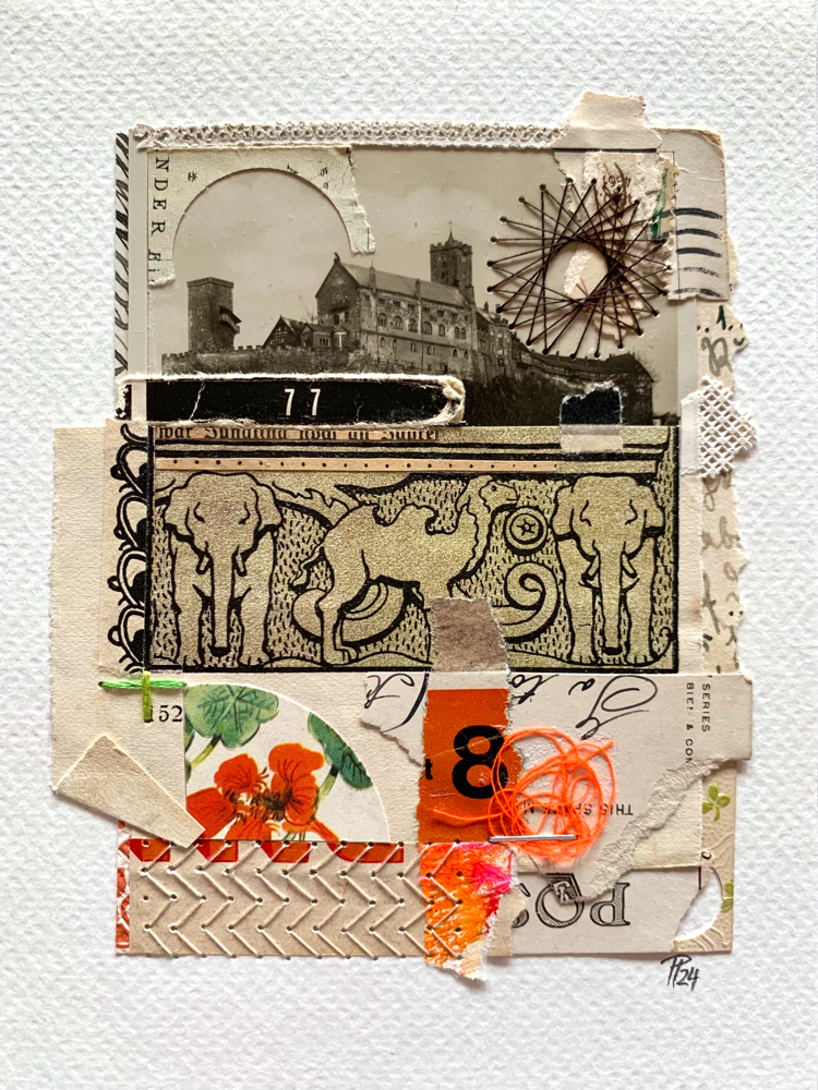 „elephants 8-77“, handbestickte Collage auf Aquarellpapier (no.32/2024)