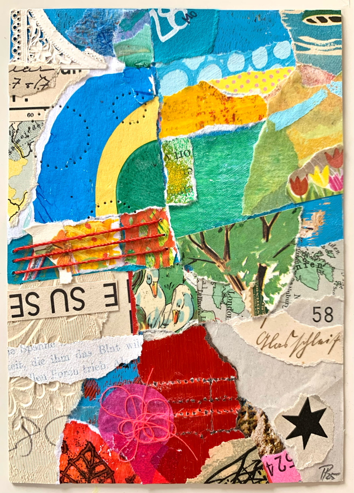 „FEHMARN.collage“, Mixedmediacollage auf gefundener Postkarte, 10,5cm x 15cm (no.34/2025) 