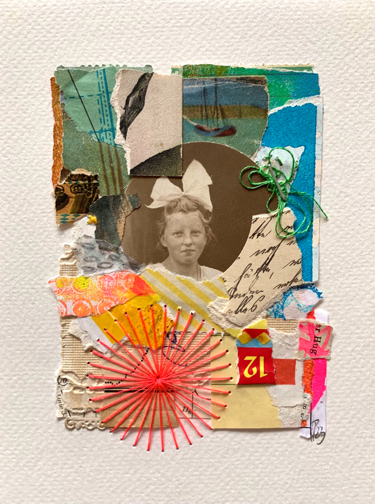 „Dear Susanne“, handbestickte Collage auf Aquarellpapier (no.40/2023)