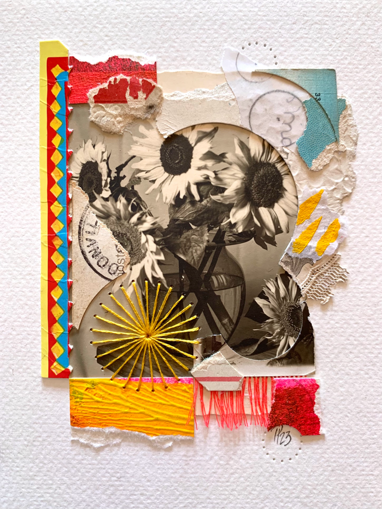 „sunflower“/Februllage2023, handbestickte Collage auf Aquarellpapier (no.31/2023)