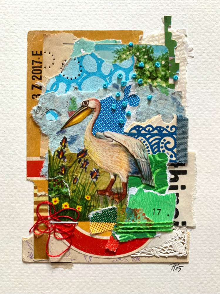 „Pelikan.17“, [verkauft], handbestickte Collage auf Aquarellpapier, 12cm x 16cm (no.40/2025)