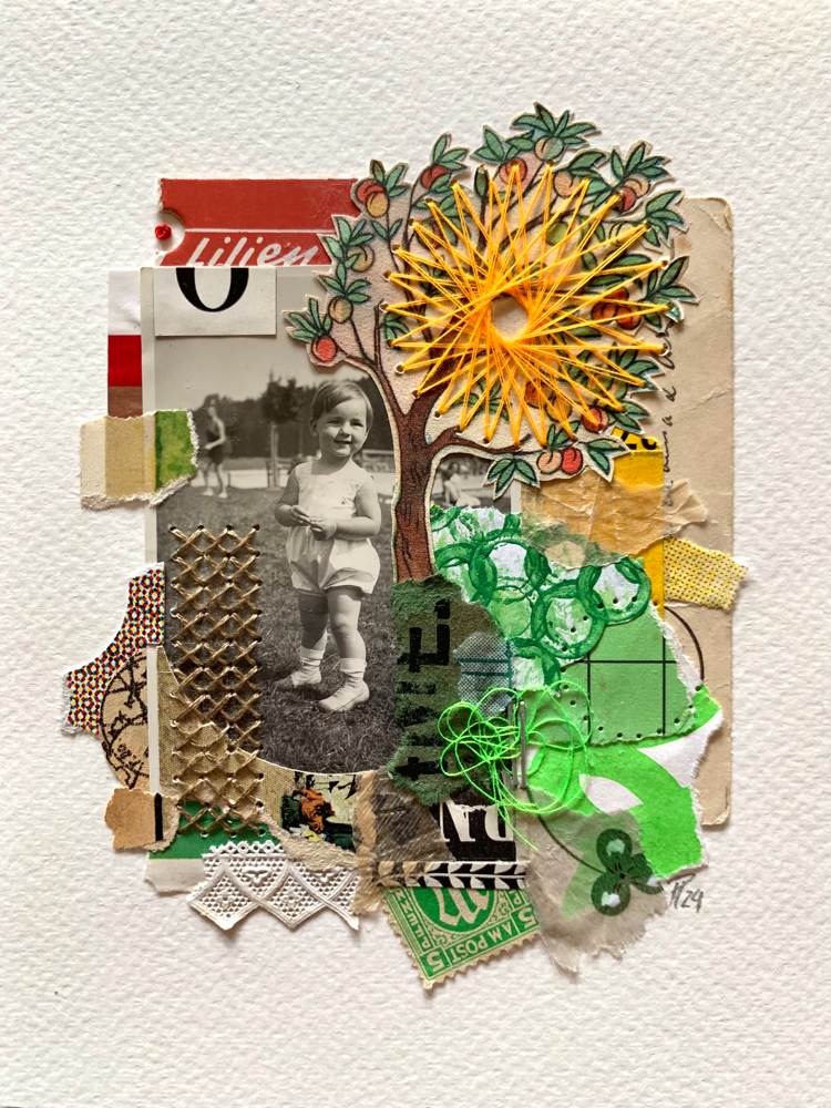 „Lilien“, handbestickte Collage auf Aquarellpapier (no.37/2024)