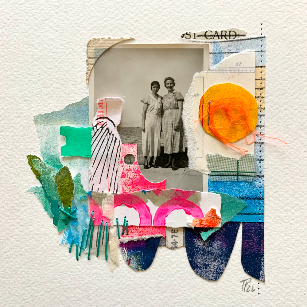 „HEY SISTER, LET‘S GO TO THE BEACH“, Collage auf Aquarellpapier, 20cm x 20cm (no.18/2022)