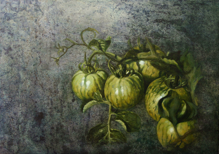 Tomates vertes - acrylique sur bois - 32x45,5 cm - 2005 - M.Pavlïn