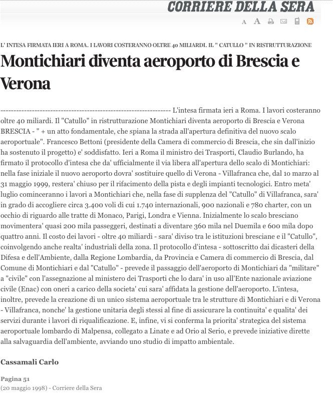 Dal Corriere della Sera del 20 maggio 1998: annuncio dell'accordo sull'utilizzo di Montichiari