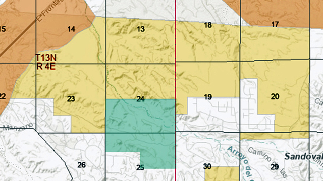 On this map, the numbered sections are roughly 1 mile on a side. Green is Placitas Open Space, yellow is BLM land, and orange and white are Tribal or private land. Confine yourself to the green and yellow areas.