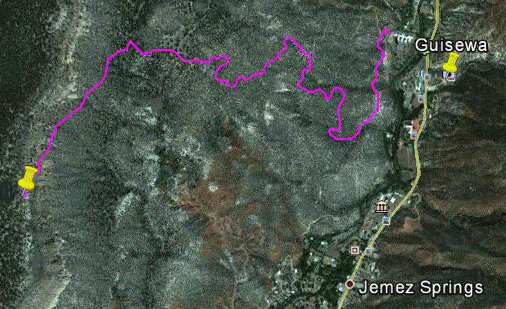 Google earth image of Joan Delaplane Trail and Guisewa, Santa Fe National Forest, Jemez Mountains, New Mexico