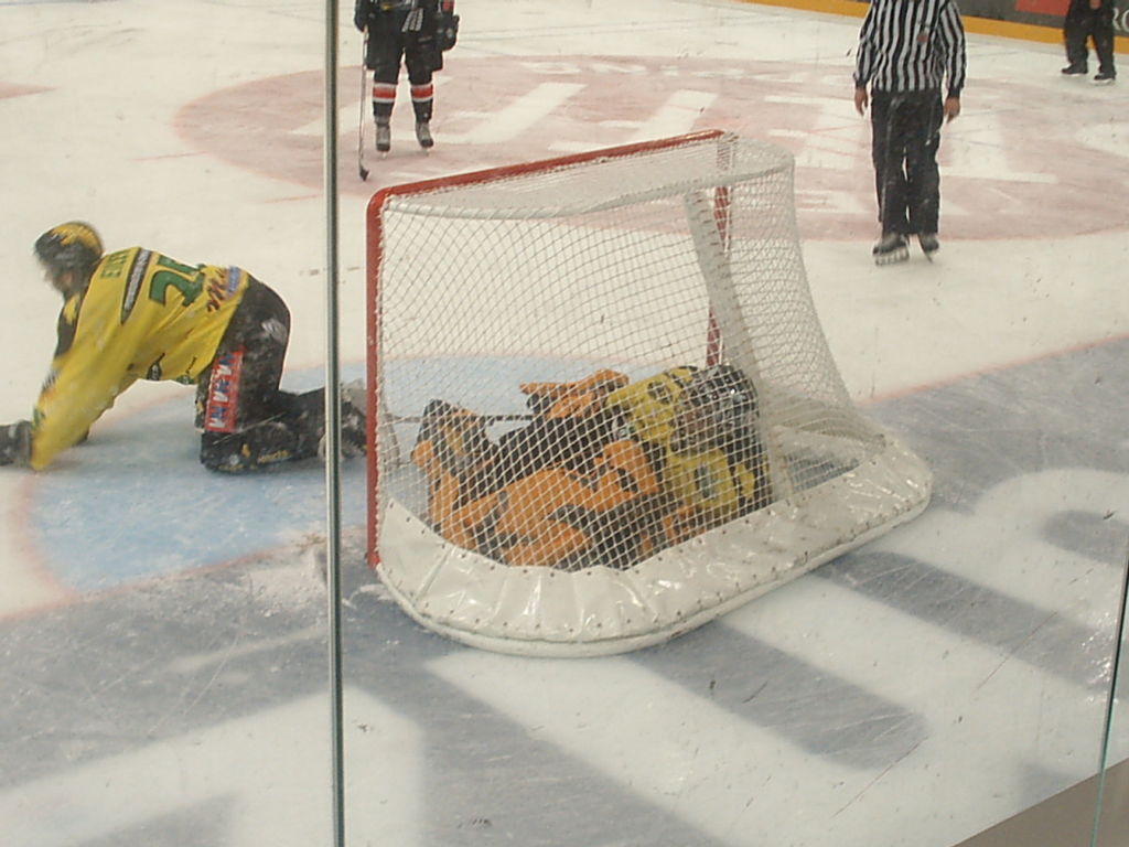 Hm sollte da wo unser Torhüter liegt nicht normalerweise nur der Puck rein ??? 