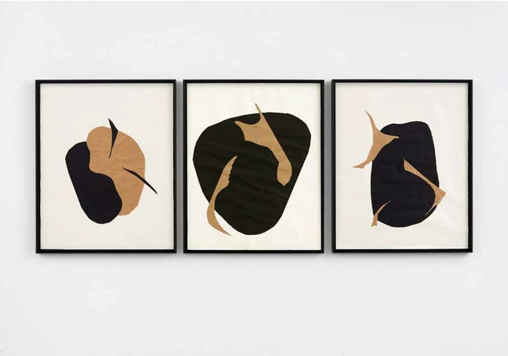 Andrea Morein, Ancestors, Tryptichon aus Papiercollagen in Schattenfugen, je 80 x 60 cm Foto: Eric Tschernow