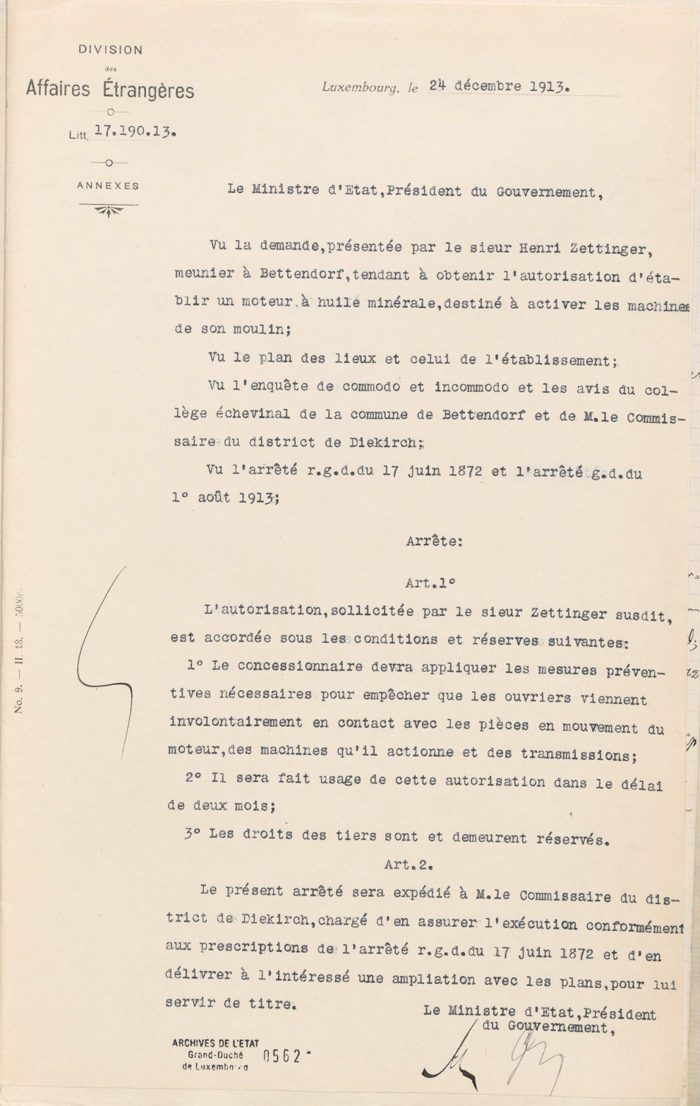 Autorisatioun vum Staatsminister © Archives Nationales de Luxembourg, Fonds Ministère de la Justice, J-090-05152