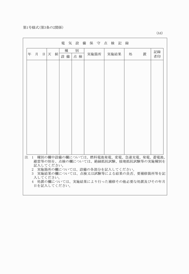 第一号様式(第３条の２関係)電気設備保守点検記録　大阪市