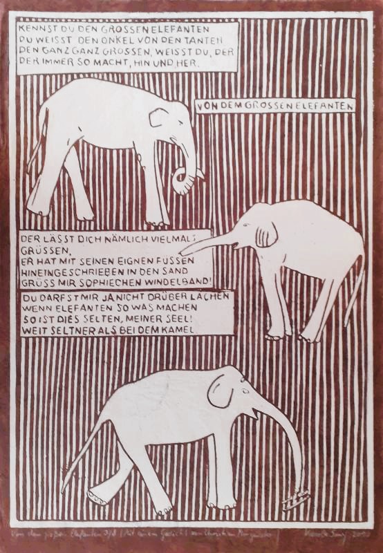 Karola Smy, Von dem großen Elefanten, 2010,mit Gedicht von C. Morgenstern, Linolschnitt