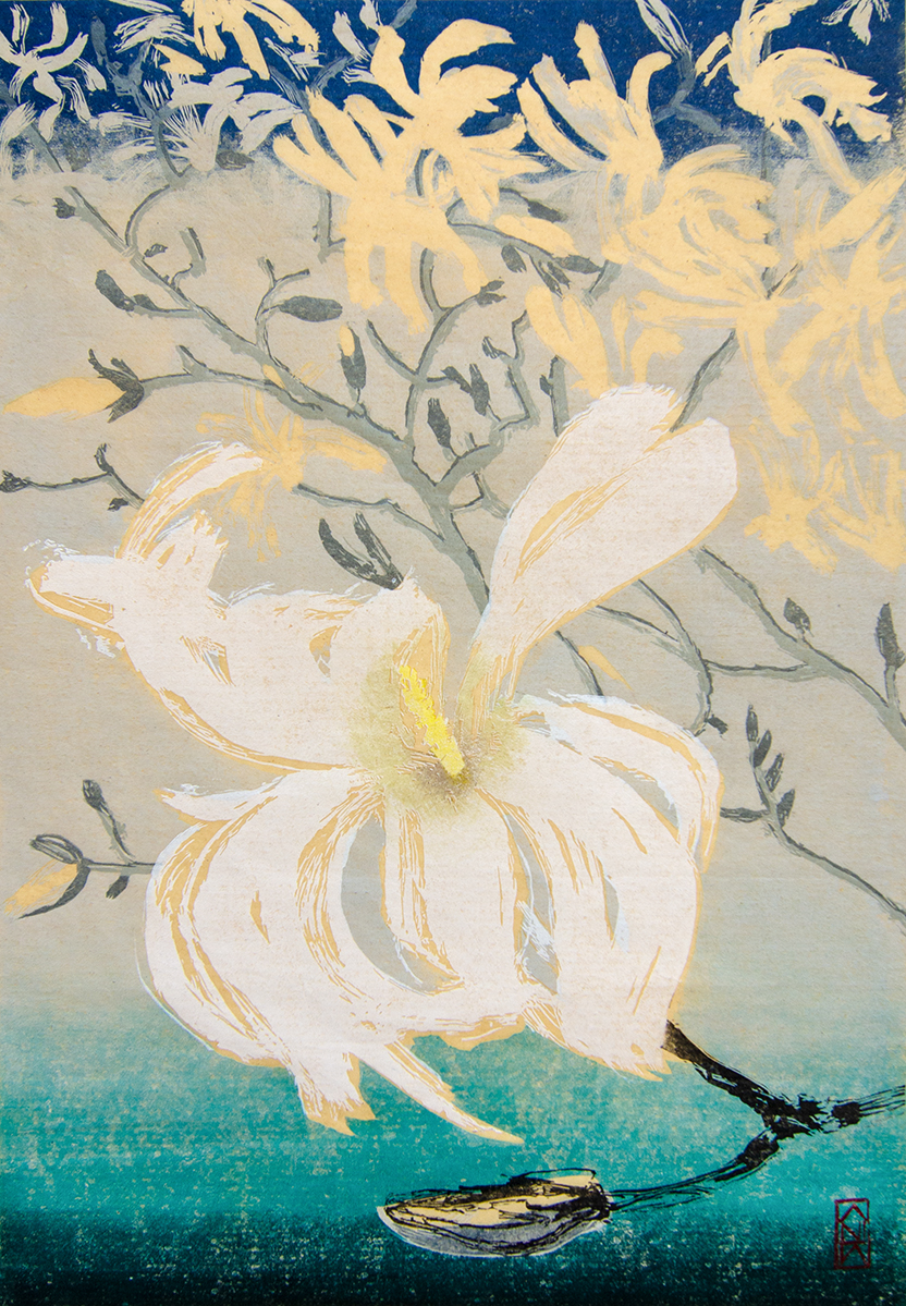 Anita Voigt, Magnolia Stellata, 2025, Farblinolschnitt