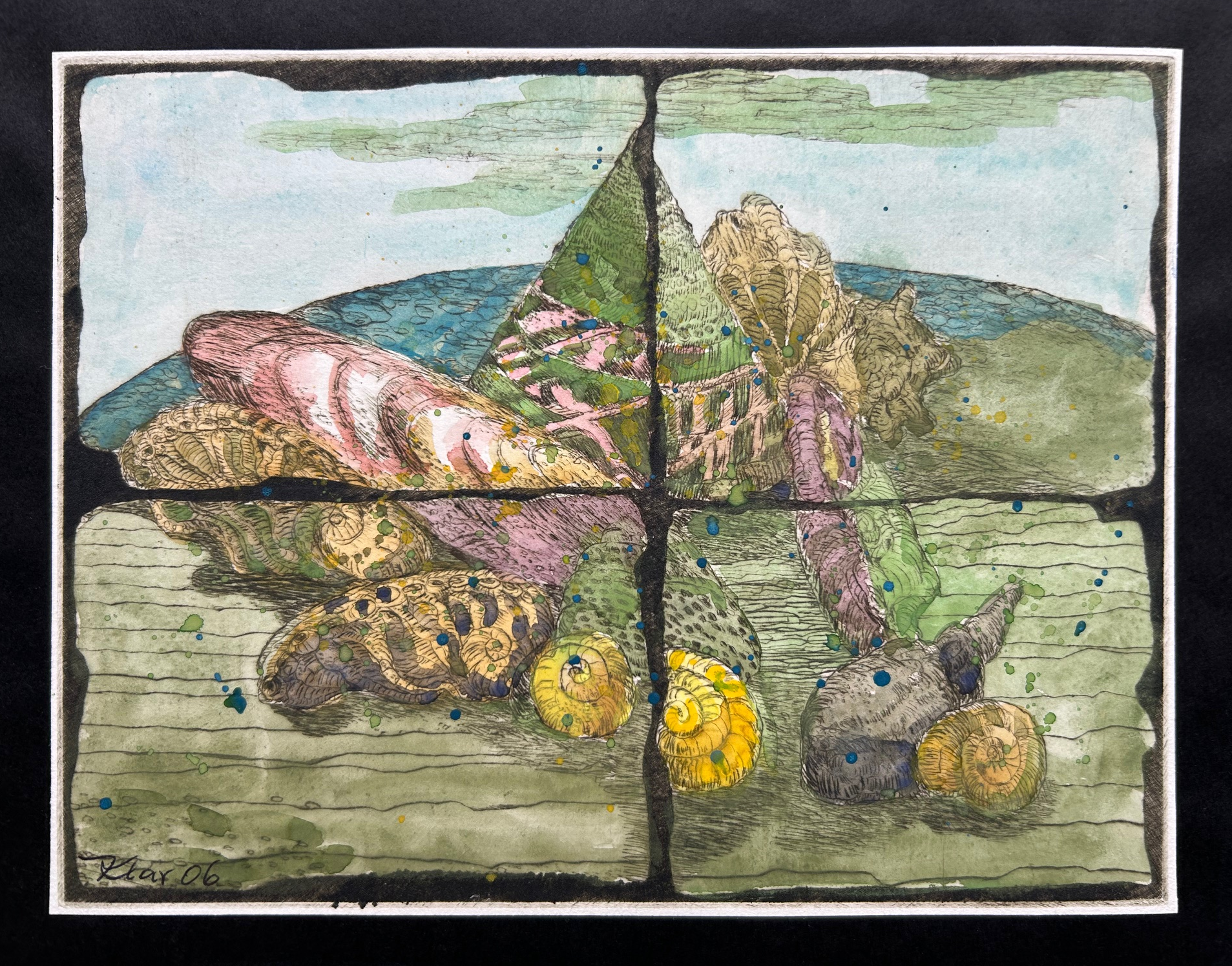 Peter Klar, Schneckenkreuz III, 2006, Radierung coloriert