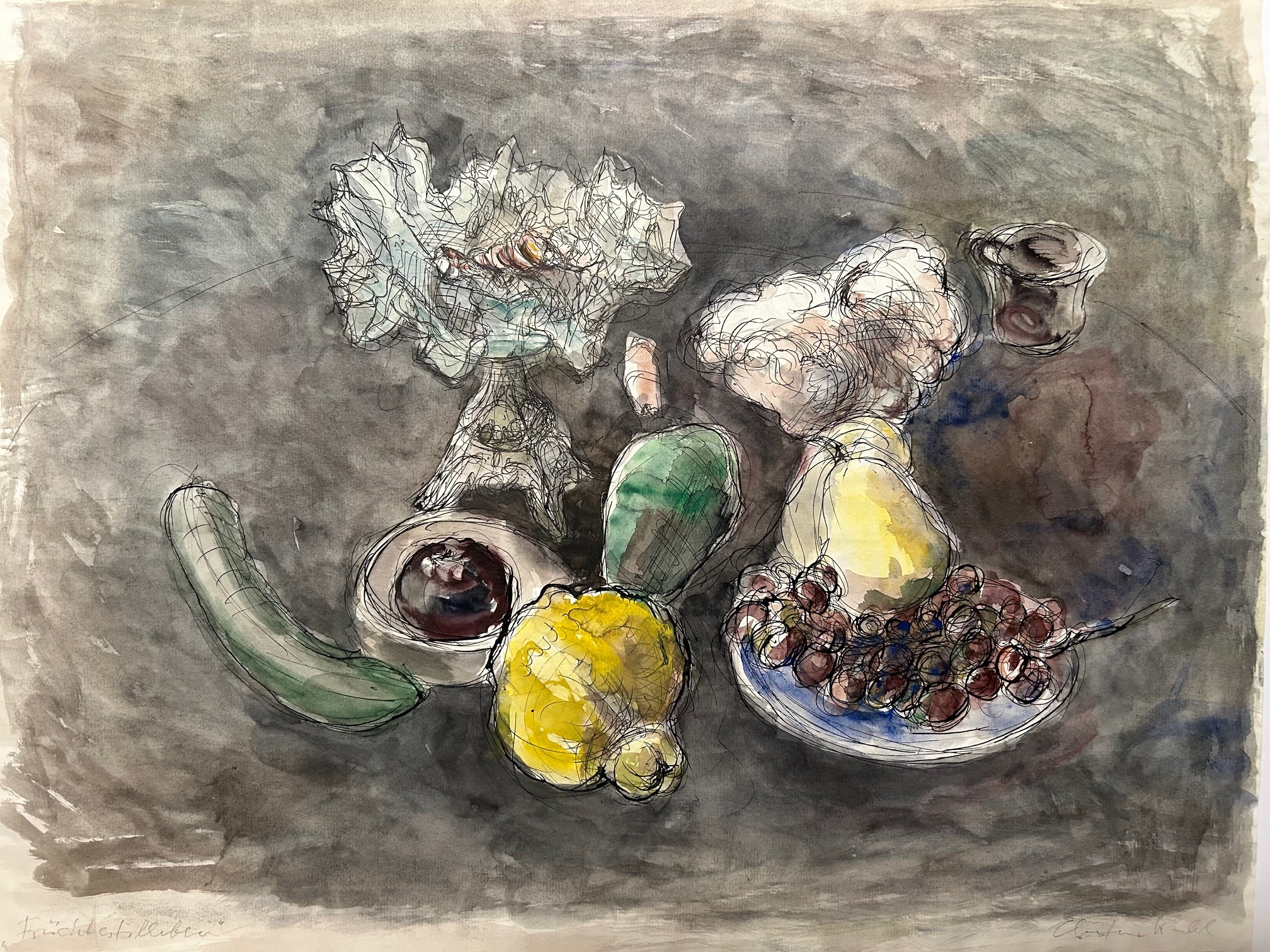 Christine Wahl, Früchtestillleben, 2012, Federzeichnung-Aquarell