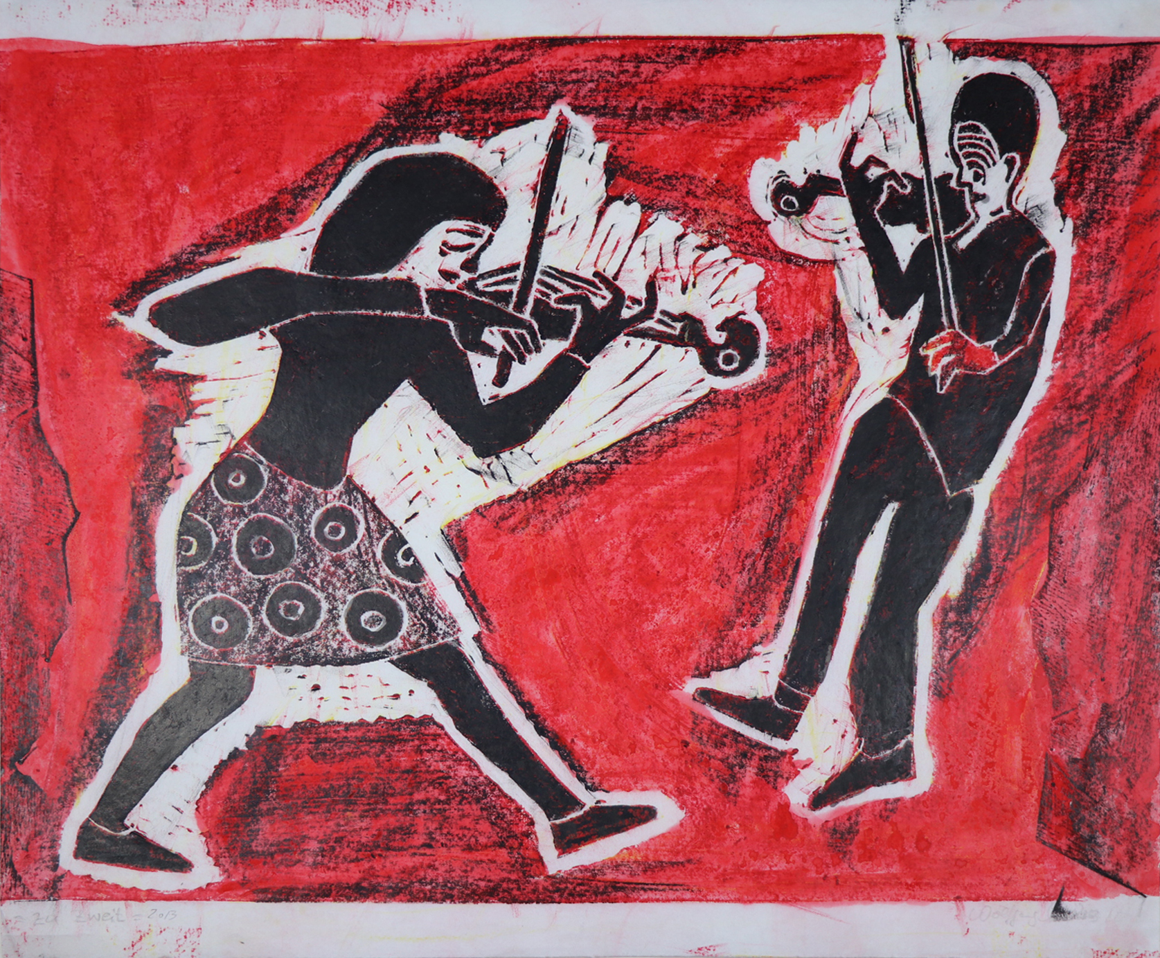 Wolfgang Smy, 2013, Zu zweit, Linolschnitt, koloriert