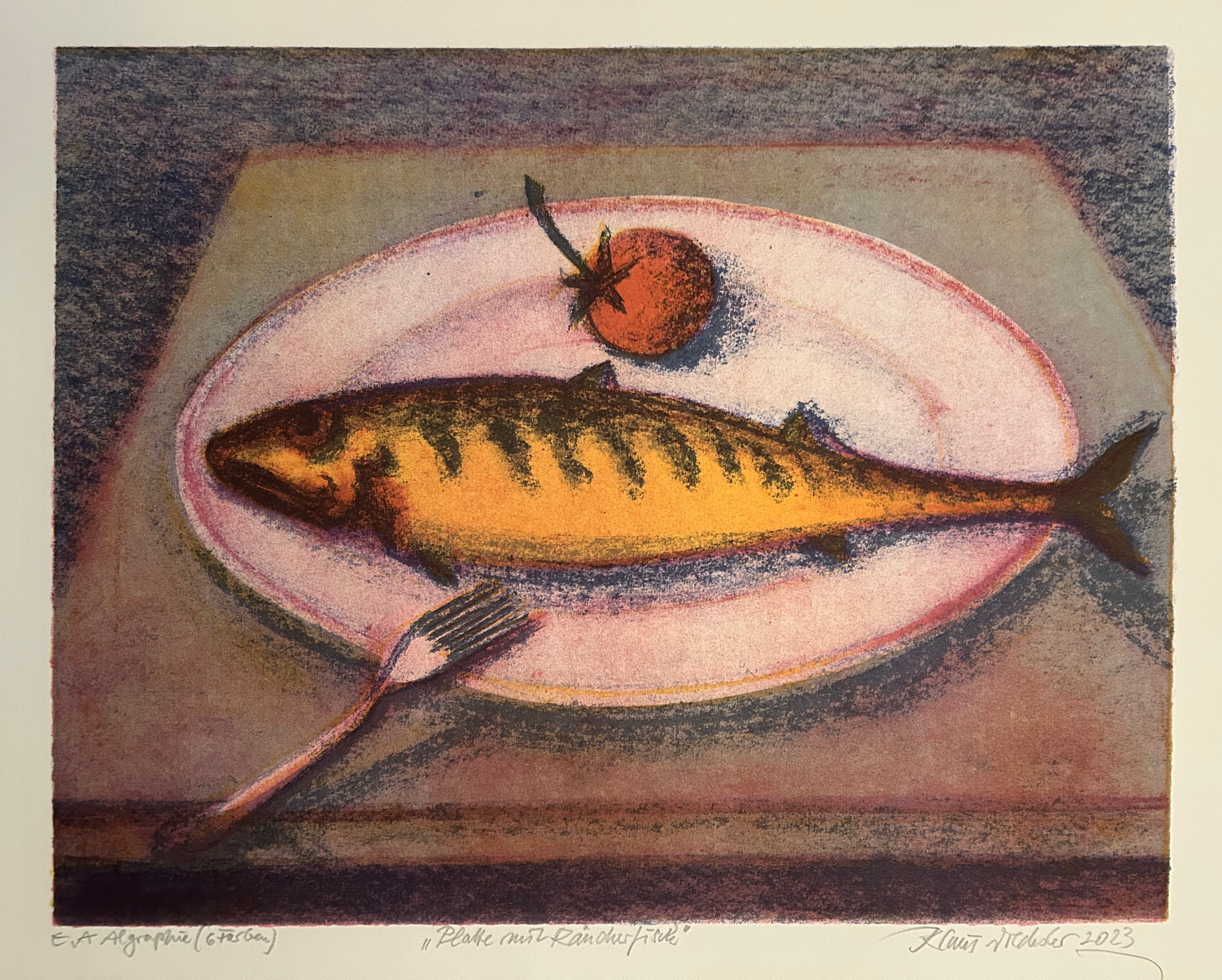 Klaus Drechlser, Platte mit Räucherfisch, 2023, 6-Farb-Algrafie